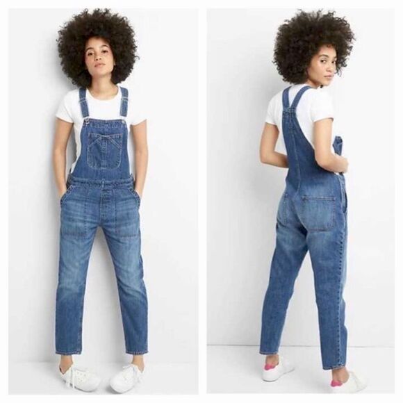 Gap Slouchy Cropped Denim Overalls Size Small - Picture 1 of 13